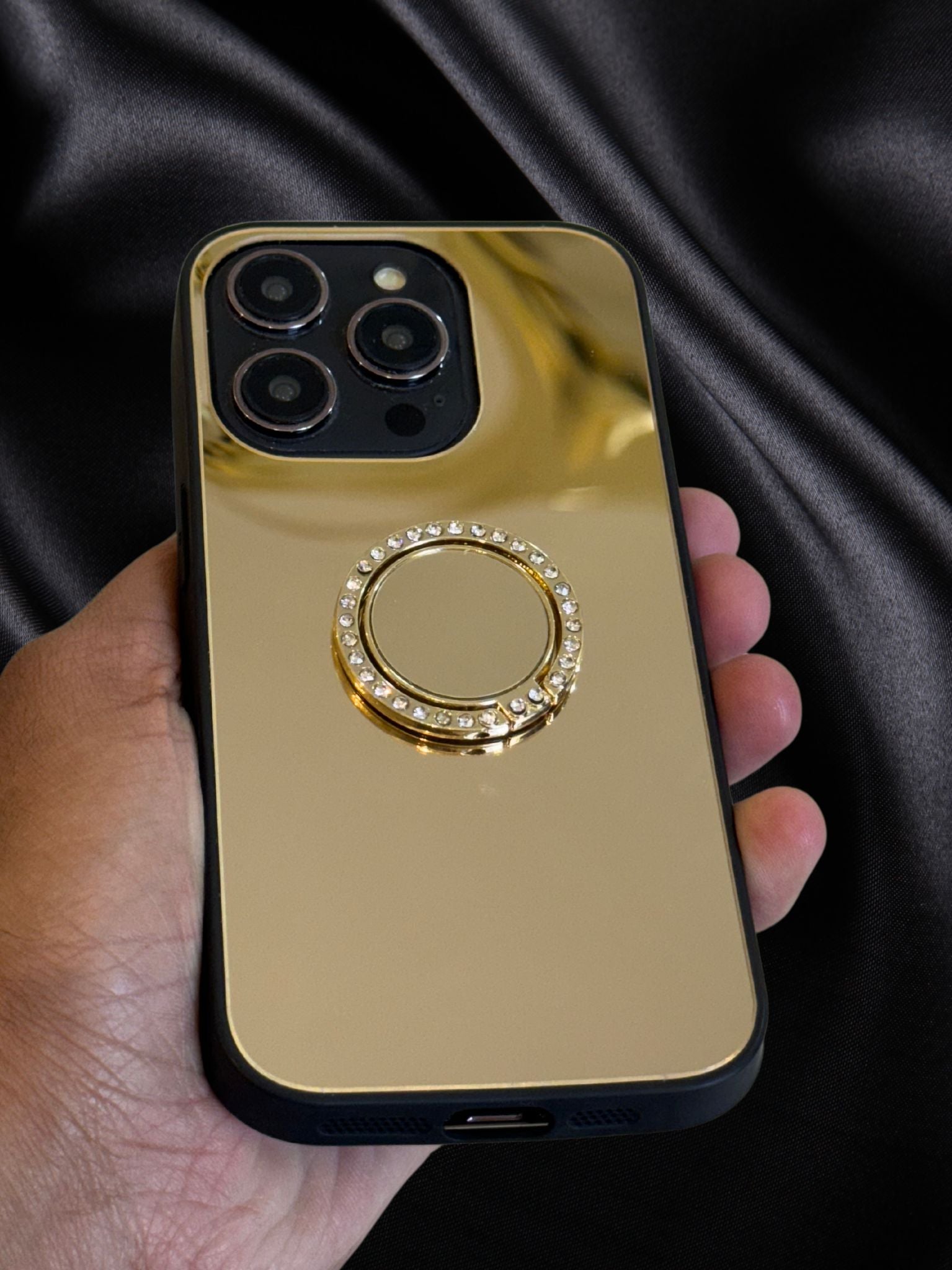 iPhone 15 Series Gold Mirror Rhinestones Ring Holder Cover - protective case detail