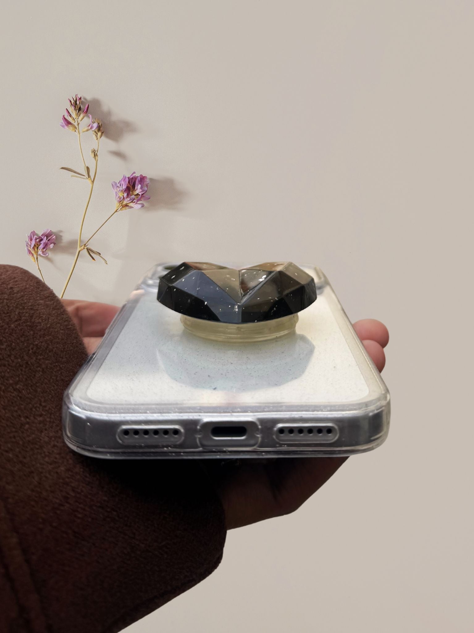 Dark gray 3D Glitter Heart Phone Gripper Holder - slim profile