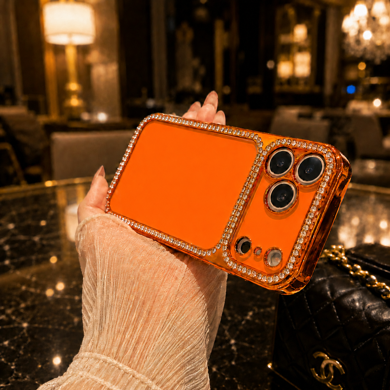 iPhone 17 Series Orange Diamonds Transparent Cover - case features