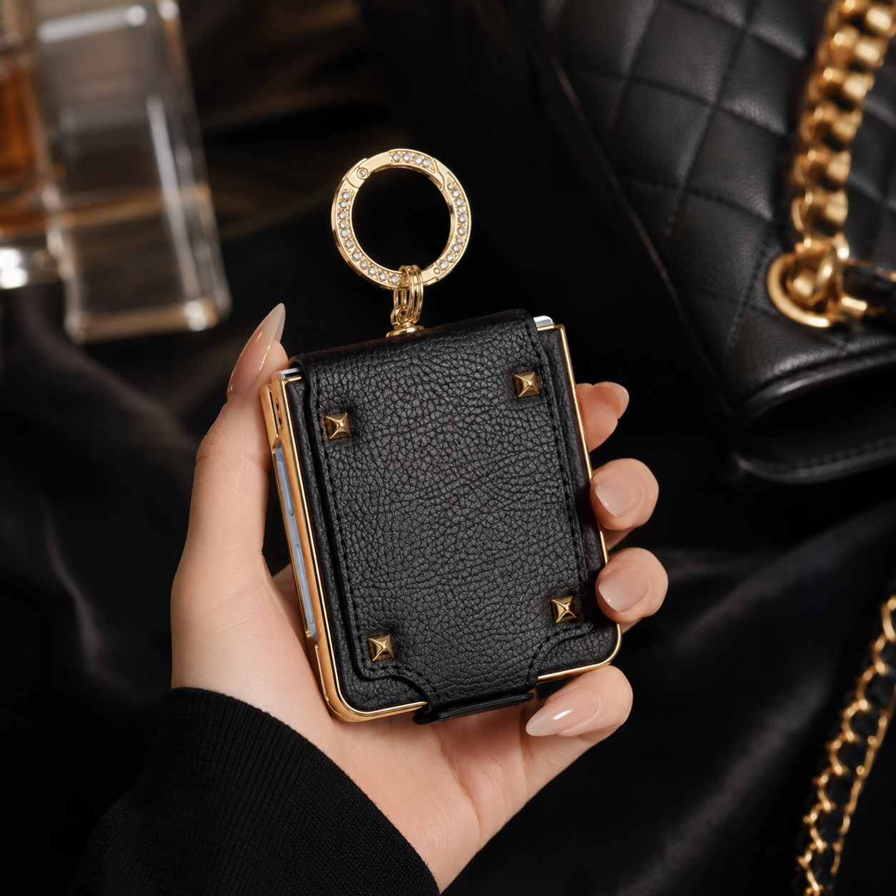 Samsung Galaxy Z Flip 7 Ring Holder Gold Electroplated Leather Cover