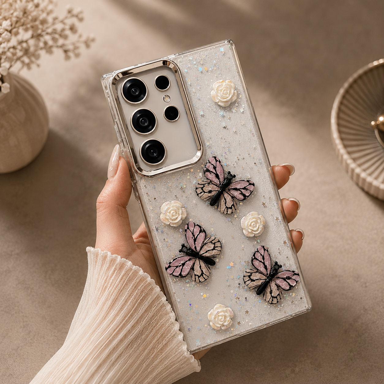 Samsung Galaxy S25 3D Butterfly Roses Glittery Cover
