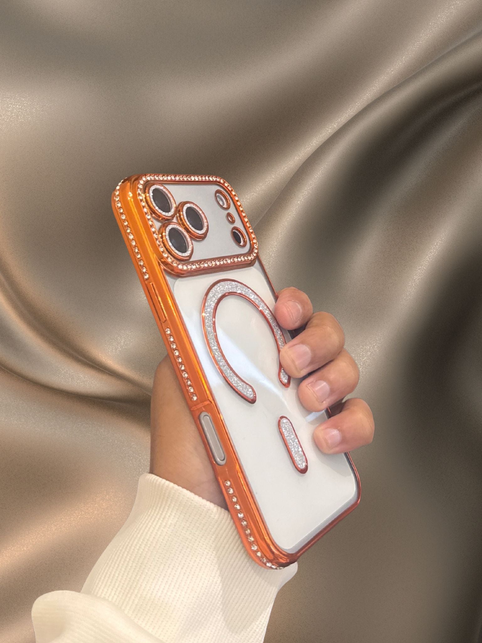 iPhone 17 Series Orange Electroplated Diamond Rhinestones Cover - protective case detail