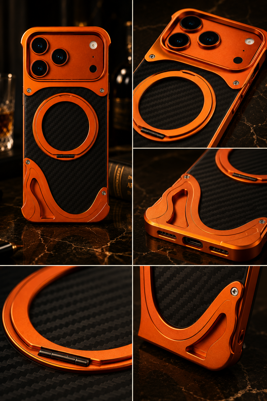 iPhone 17 Series Metallic Carbon Luxe Ring Stand Cover - protective case detail