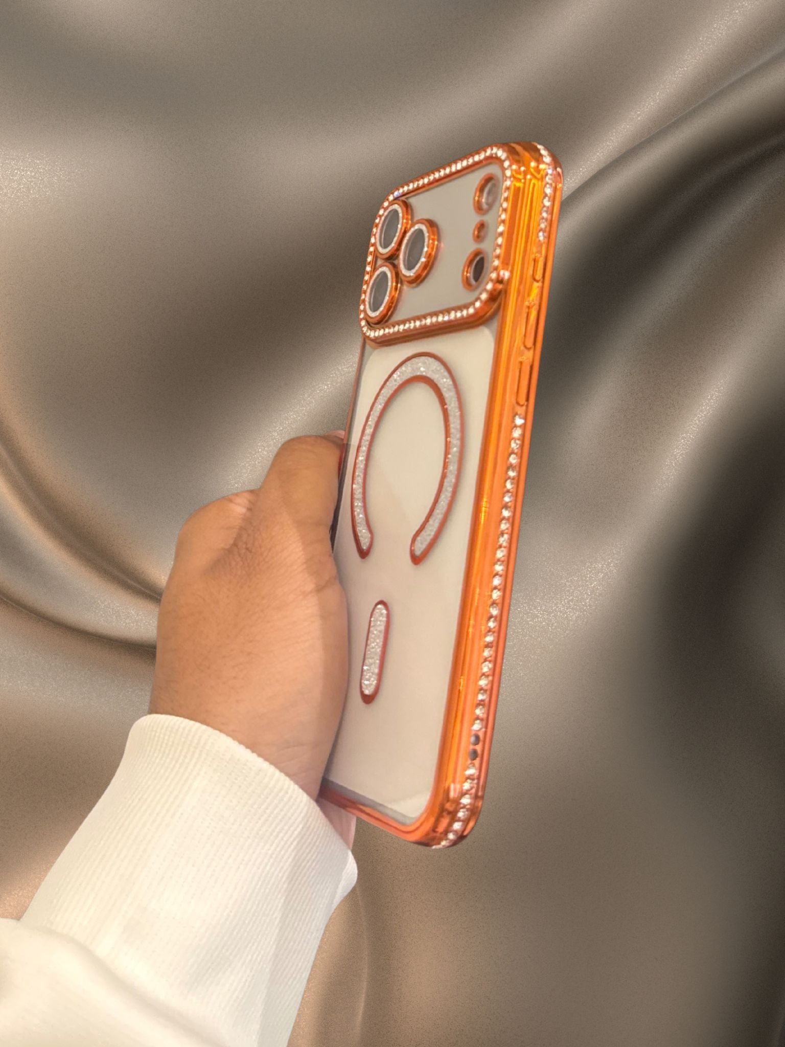 iPhone 17 Series Orange Electroplated Diamond Rhinestones Cover - phone case