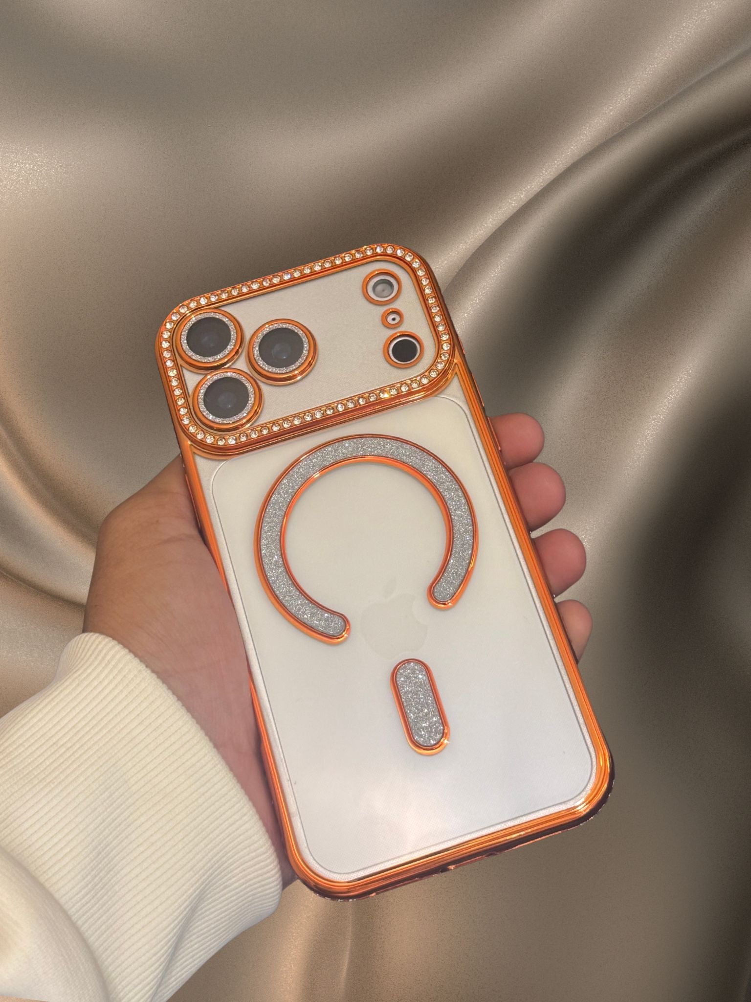 iPhone 17 Series Orange Electroplated Diamond Rhinestones Cover - case features
