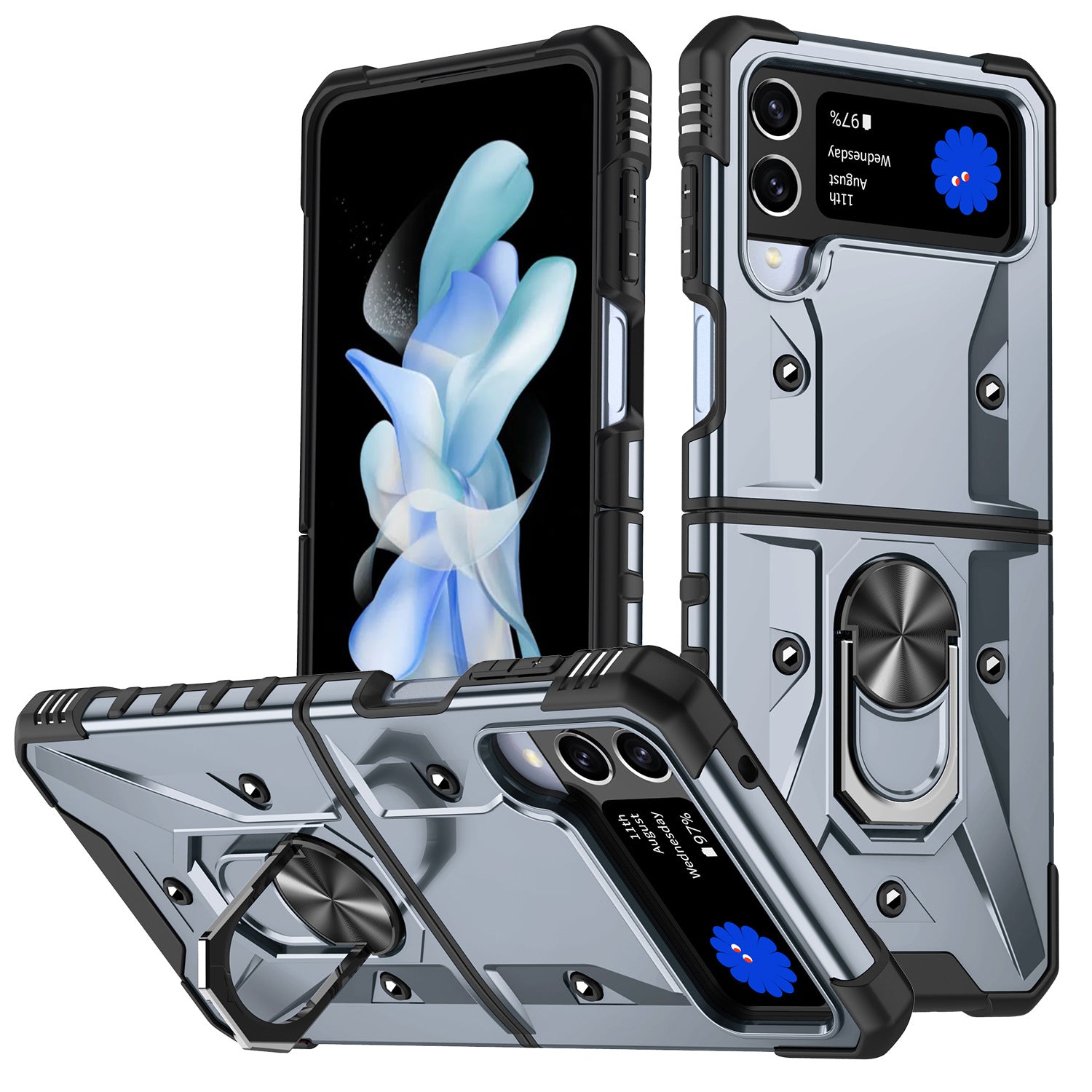 Samsung Galaxy Z Flip 3 Ring Holder Silver Matte Armour Cover - colour options
