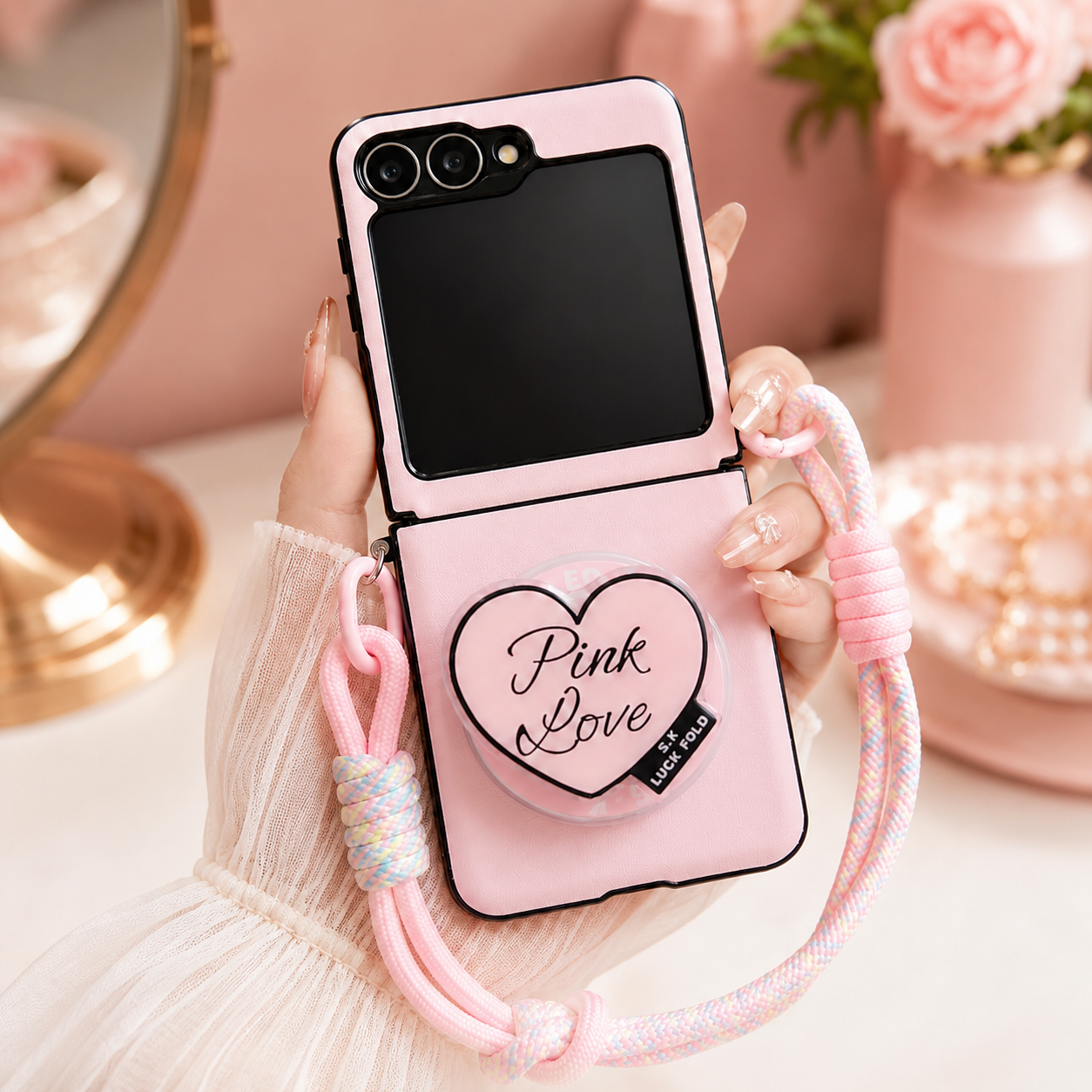 Samsung Galaxy Z Flip 5 Blush Heart Gripper Luxe Case with Pastel Rope - protective case detail
