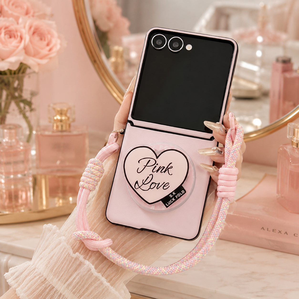 Samsung Galaxy Z Flip 5 Blush Heart Gripper Luxe Case with Pastel Rope