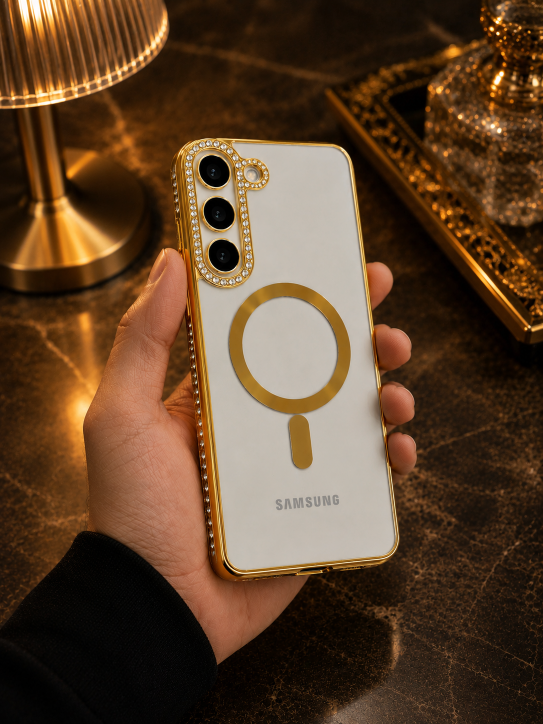 Samsung Galaxy S23 Gold Electroplated Diamond Rhinestones Cover - protective case detail