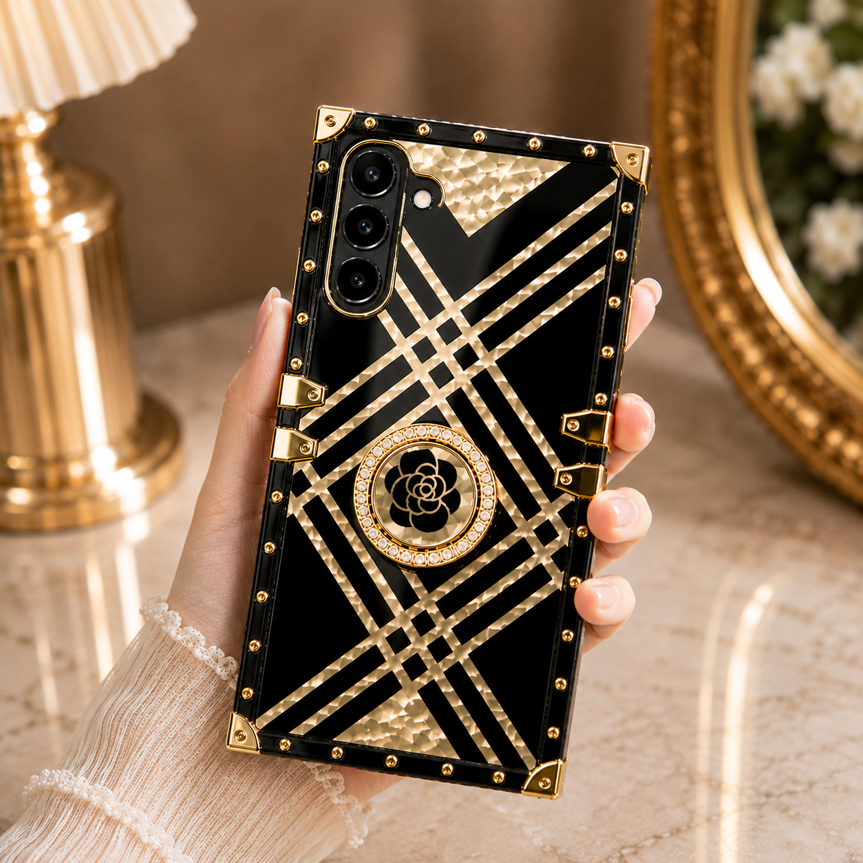 Samsung Galaxy S25 Series Black & Gold Rose Rhinestones Ring Holder Cover - colour options