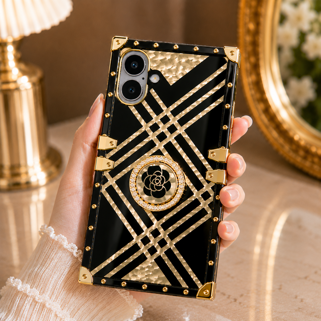 iPhone 16 Series Black & Gold Rose Rhinestones Ring Holder Cover