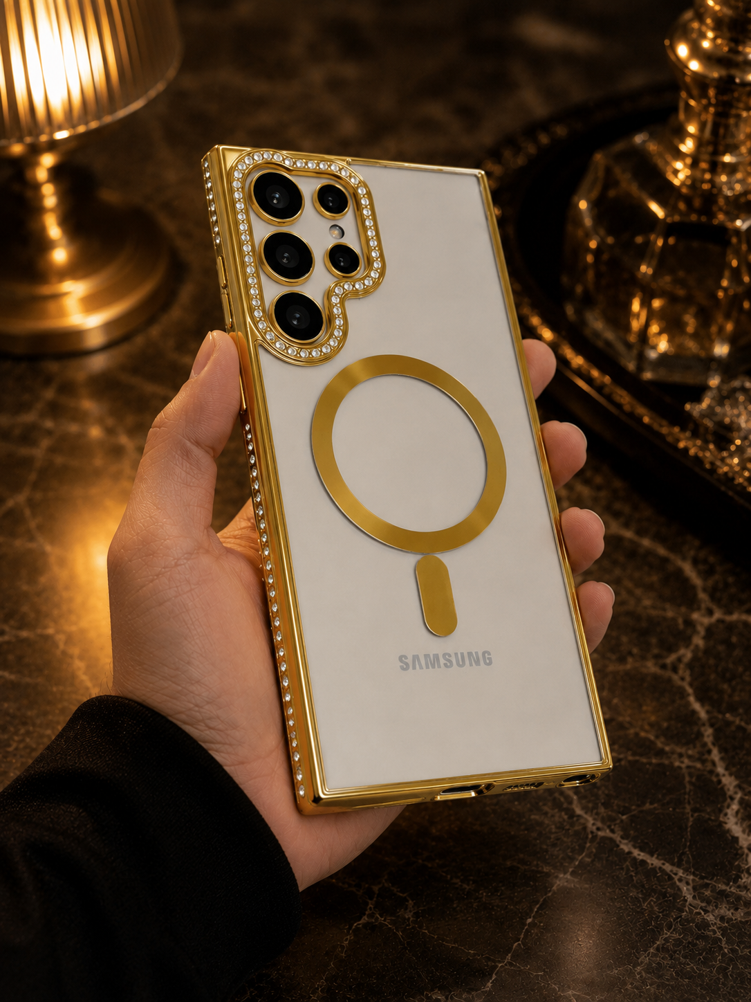 Samsung Galaxy S23 Gold Electroplated Diamond Rhinestones Cover