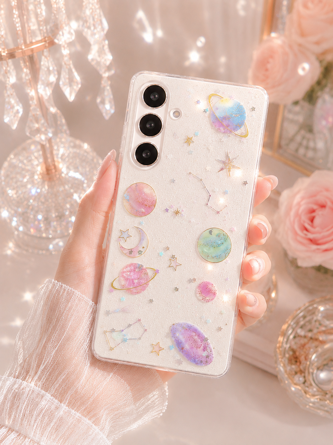 Samsung Galaxy S25 Series Glittery Stars and Planets Transparent Case - slim profile