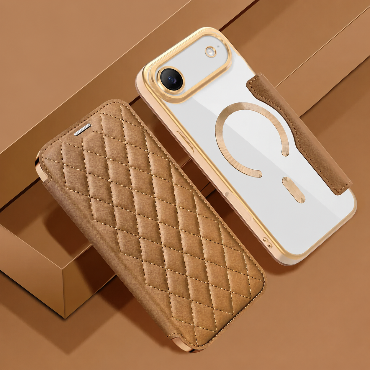 iPhone 17 Series Gold Electroplated Leather Flip Cover - protective case detail