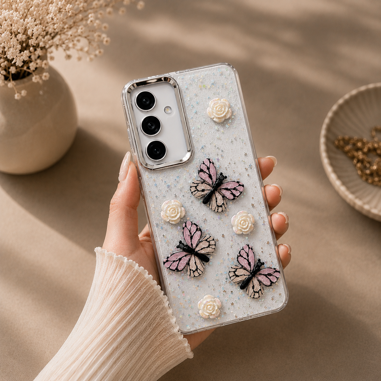 Samsung Galaxy S25 3D Butterfly Roses Glittery Cover - slim profile
