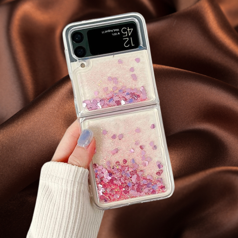 Samsung Galaxy Z Flip 5 Moving Hearts Glitter Quicksand Cover - lifestyle