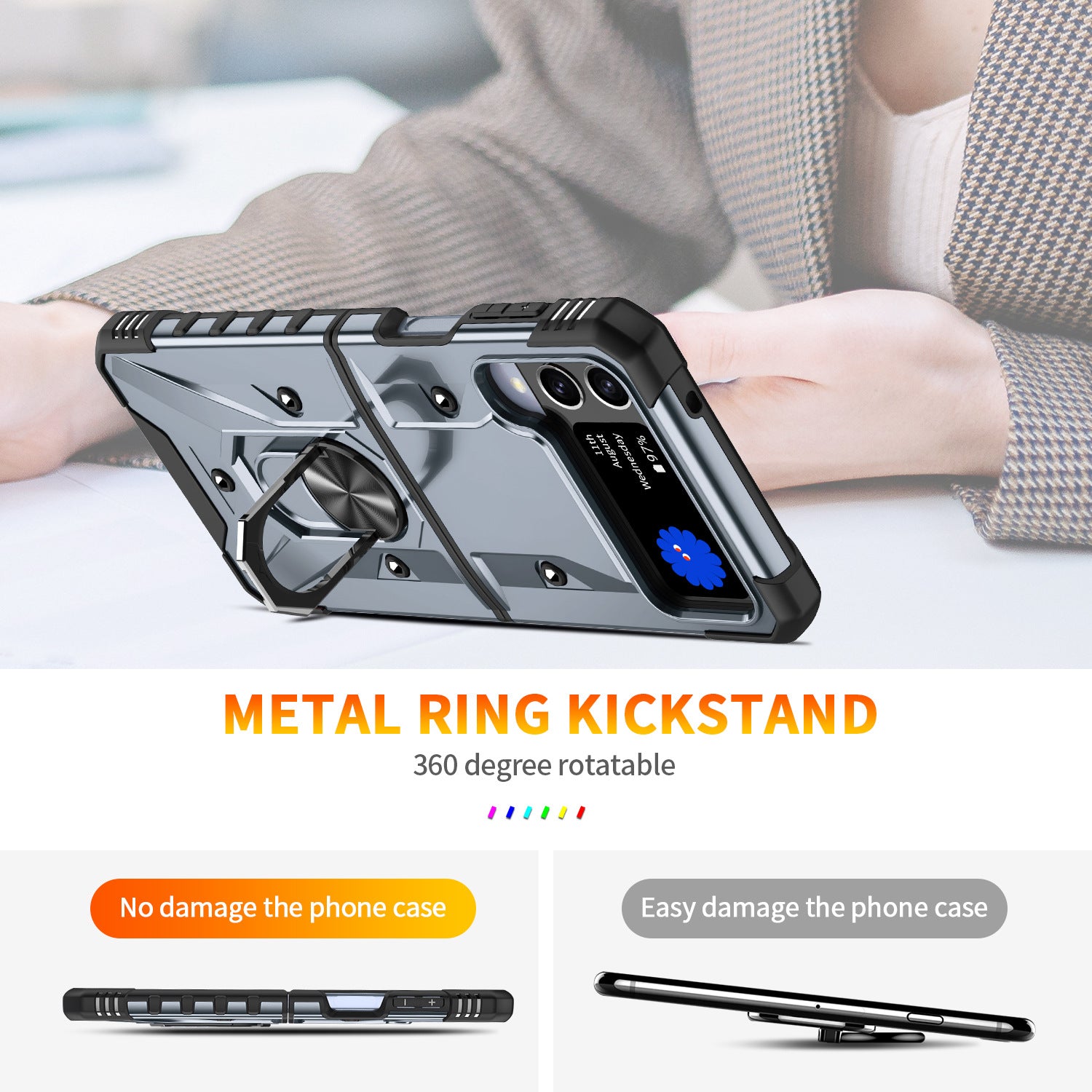 Samsung Galaxy Z Flip 3 Ring Holder Silver Matte Armour Cover - case features