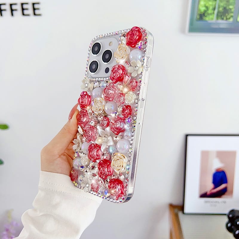 iPhone 14 Roses Bling Diamond Rhinestones Case - phone case