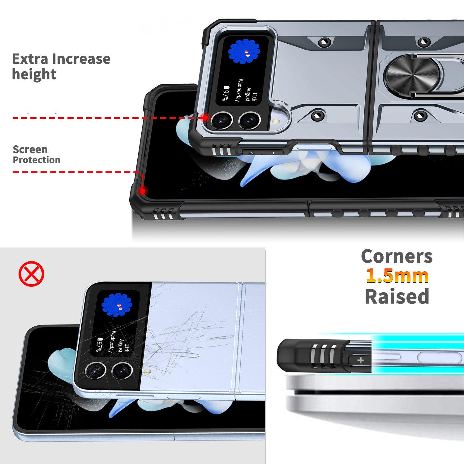 Samsung Galaxy Z Flip 3 Ring Holder Silver Matte Armour Cover - protective case detail