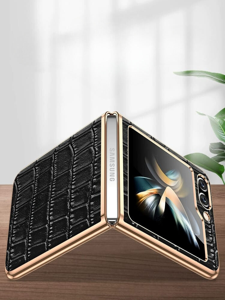 Samsung Galaxy Z Flip 5 Gold Electroplated Croco Pattern Leather Cover - case features