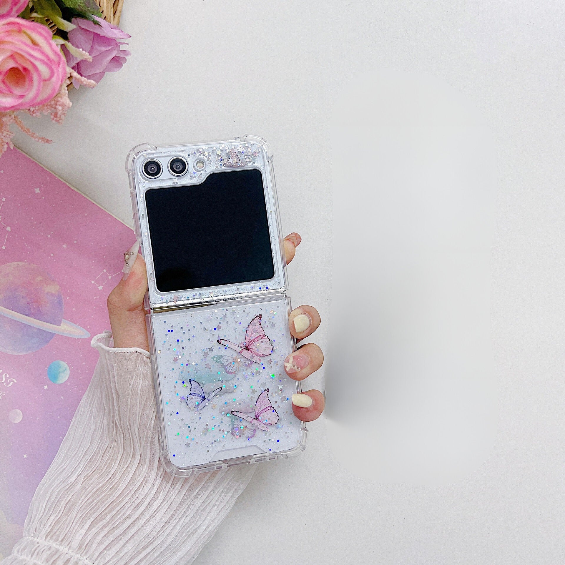 Samsung Galaxy Z Flip 7 Butterfly Glitter Transparent Cover - lifestyle