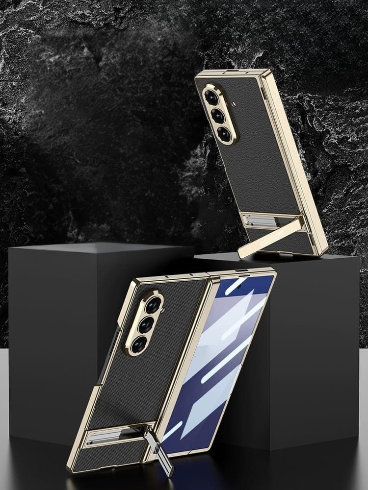 Samsung Galaxy Z Fold 7 Leather Gold Electroplated Kickstand Cover() - protective case detail