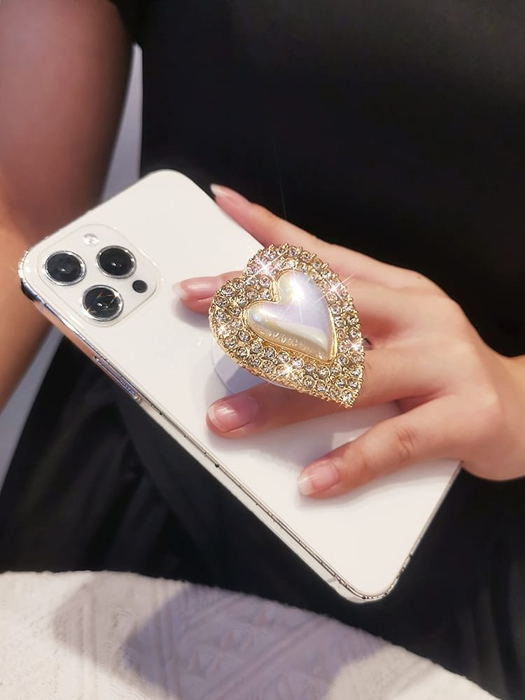 Pearl Heart Rhinestones Phone Gripper Holder - slim profile