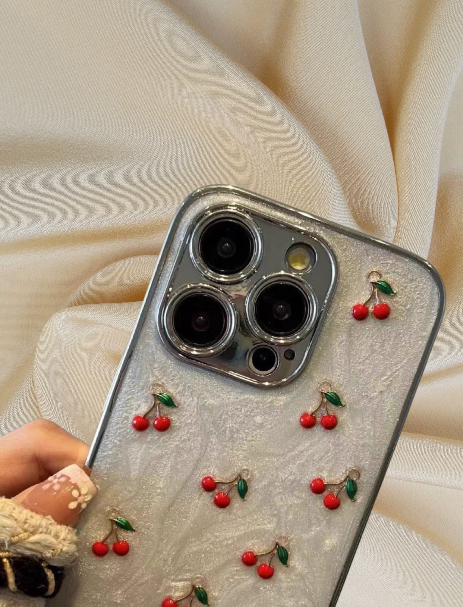 iPhone 15 3D Cherries Glittery Cover - slim profile