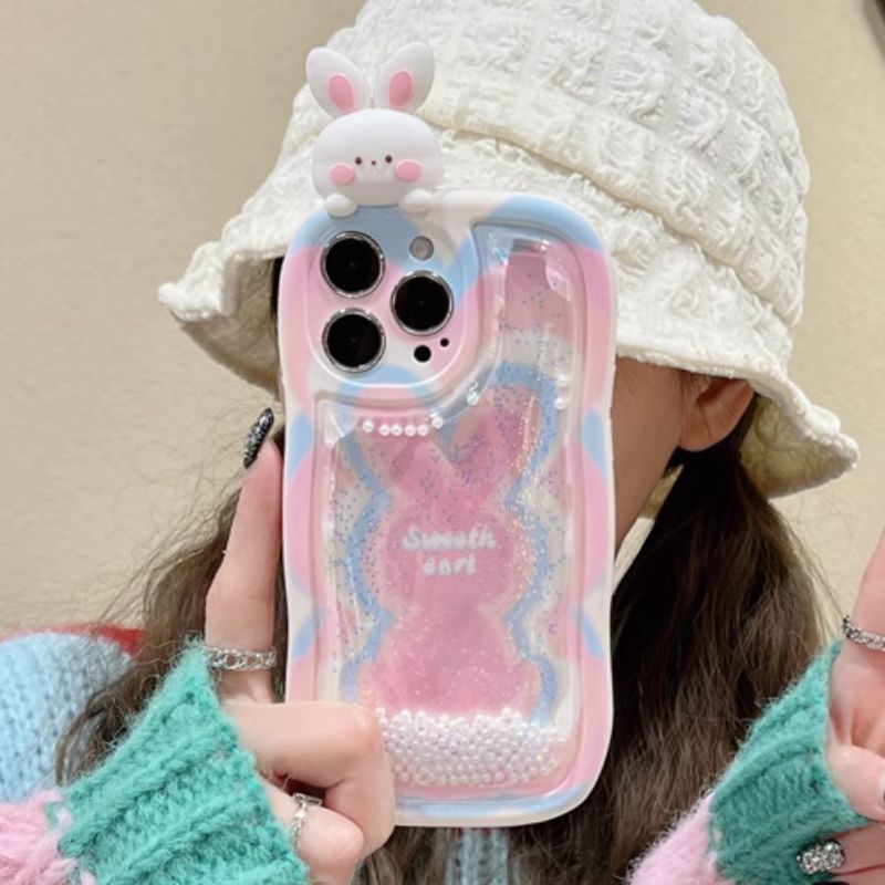 Cute Bunny Moving Pearls Glitter Cover (with Lanyard) – phone accessory by JustAndBest India