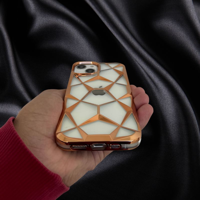 iPhone 15 Gold Electroplated 3D diamond Pattern Cover - slim profile