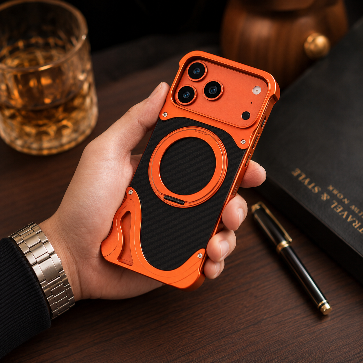 iPhone 17 Series Metallic Carbon Luxe Ring Stand Cover - lifestyle
