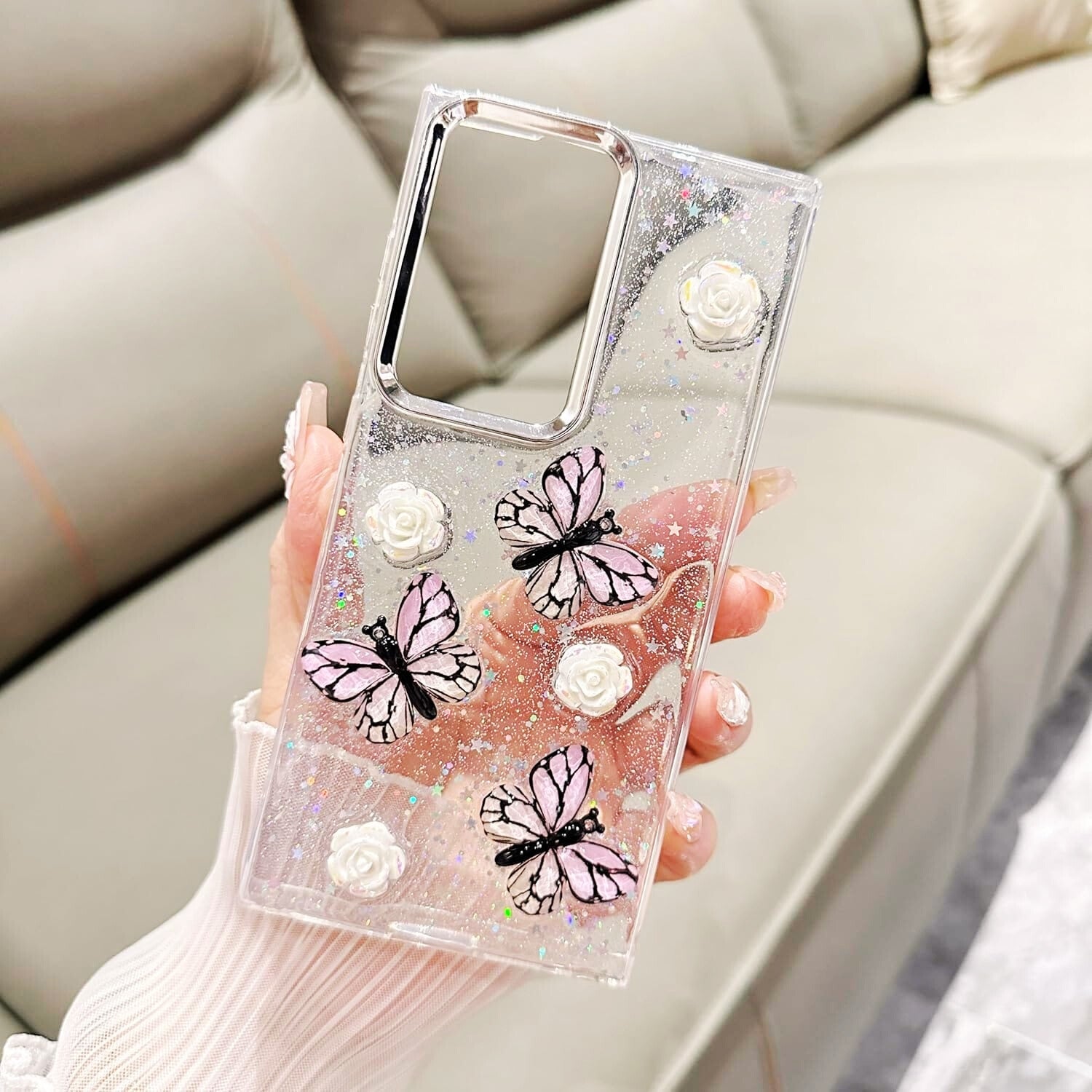 Samsung Galaxy S25 3D Butterfly Roses Glittery Cover - protective case detail