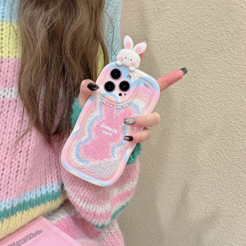 Cute Bunny Moving Pearls Glitter Cover (with Lanyard) – phone accessory by JustAndBest India