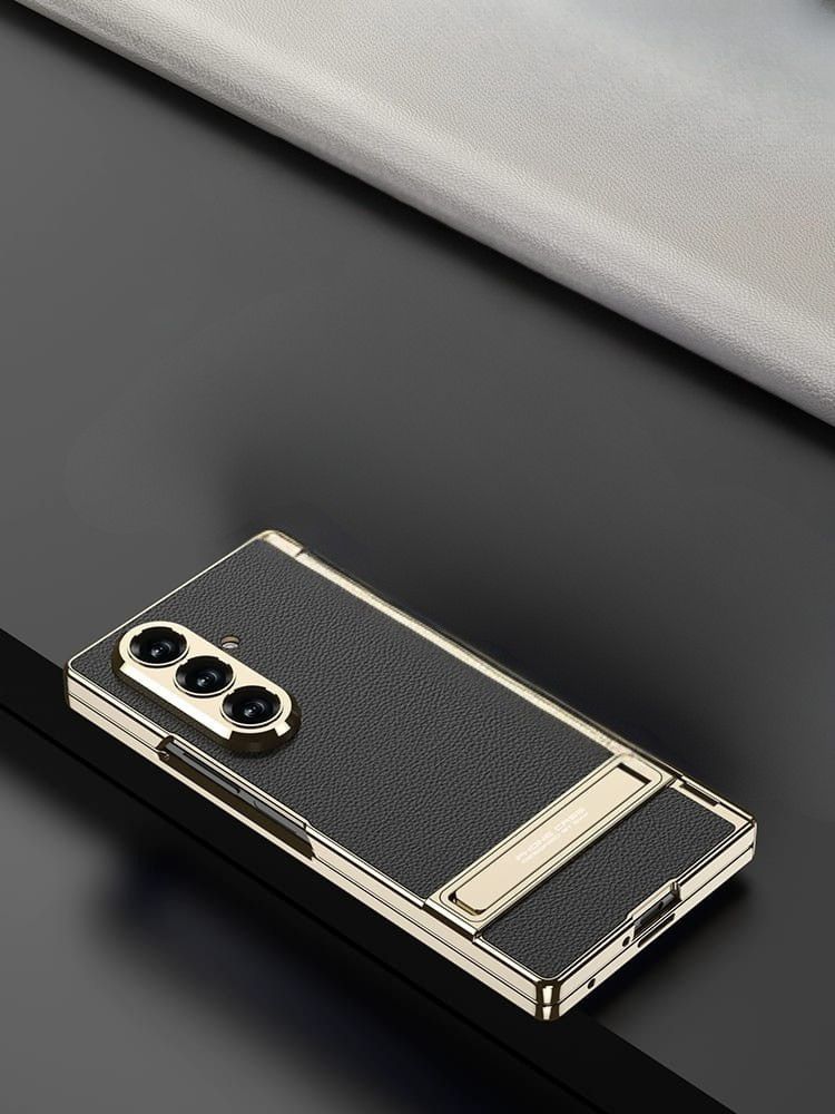 Samsung Galaxy Z Fold 7 Leather Gold Electroplated Kickstand Cover() - slim profile