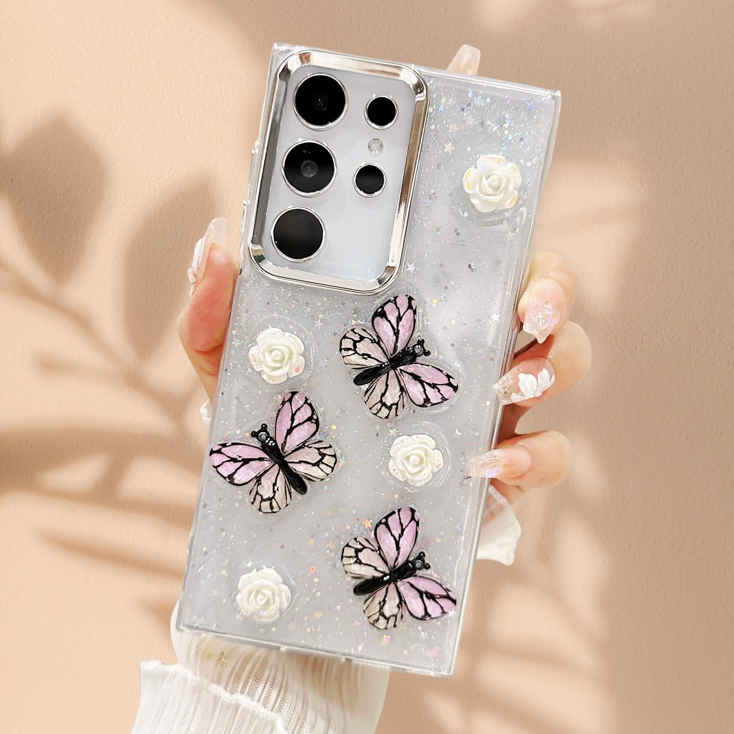 Samsung Galaxy S25 3D Butterfly Roses Glittery Cover - phone case