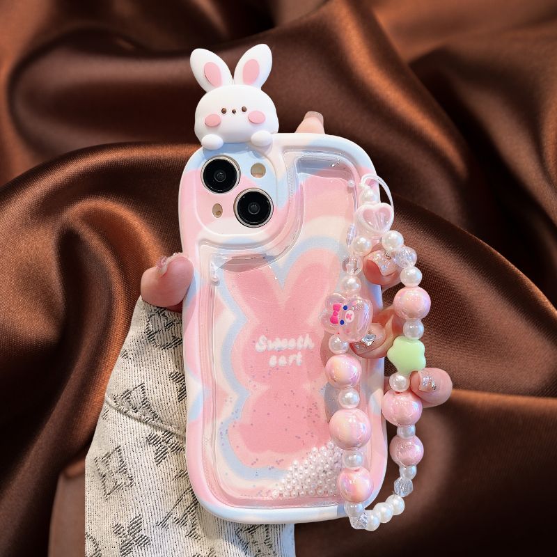 Cute Bunny Moving Pearls Glitter Cover (with Lanyard) – phone accessory by JustAndBest India