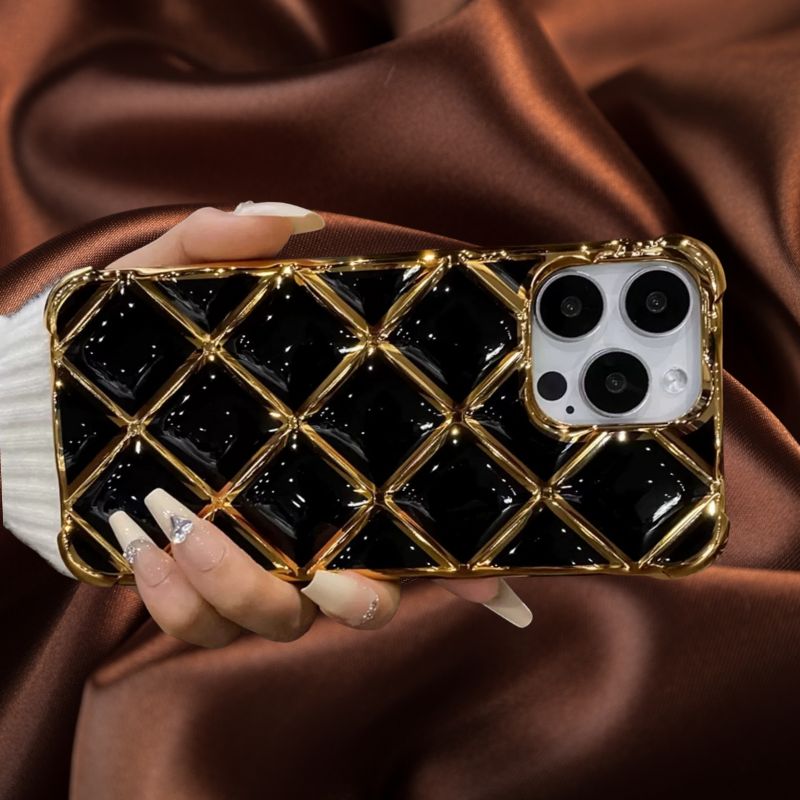 iPhone 15 Pro 3D Grid Pattern Gold Electroplated Cover - colour options