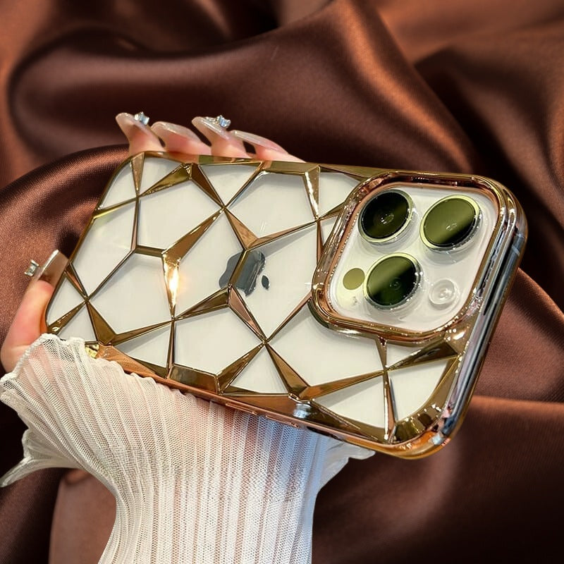 iPhone 15 Gold Electroplated 3D diamond Pattern Cover - case features