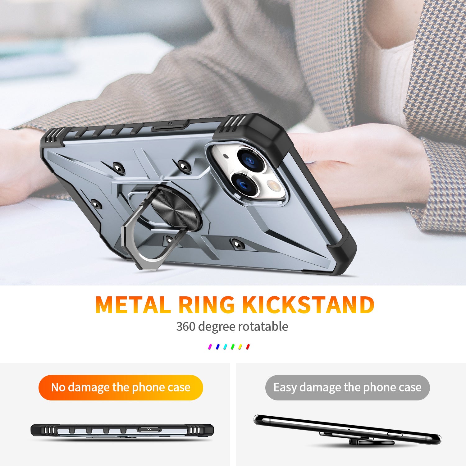 iPhone 14 Series Ring Holder Silver Matte Armour Cover - protective case detail