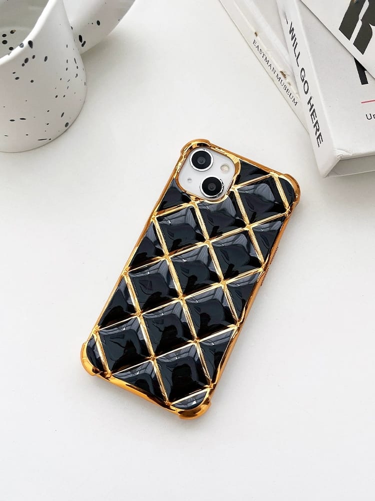 iPhone 15 Pro 3D Grid Pattern Gold Electroplated Cover - phone case