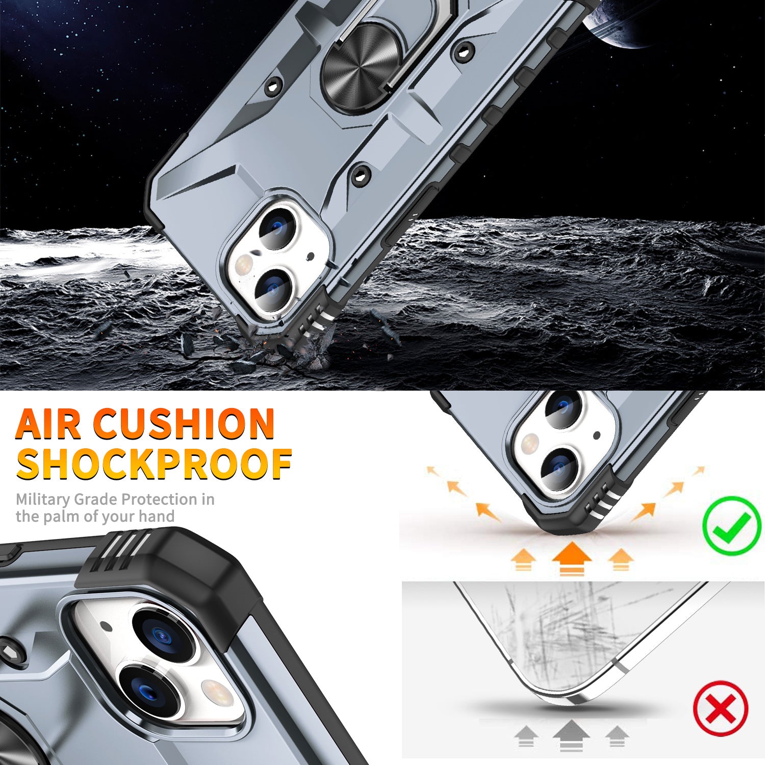 iPhone 14 Series Ring Holder Silver Matte Armour Cover - phone case