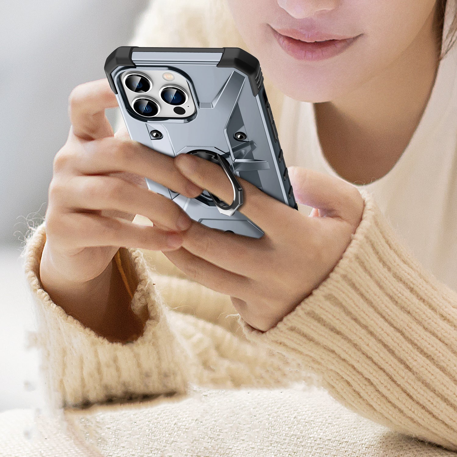 iPhone 13 Series Ring Holder Silver Matte Armour Cover - colour options