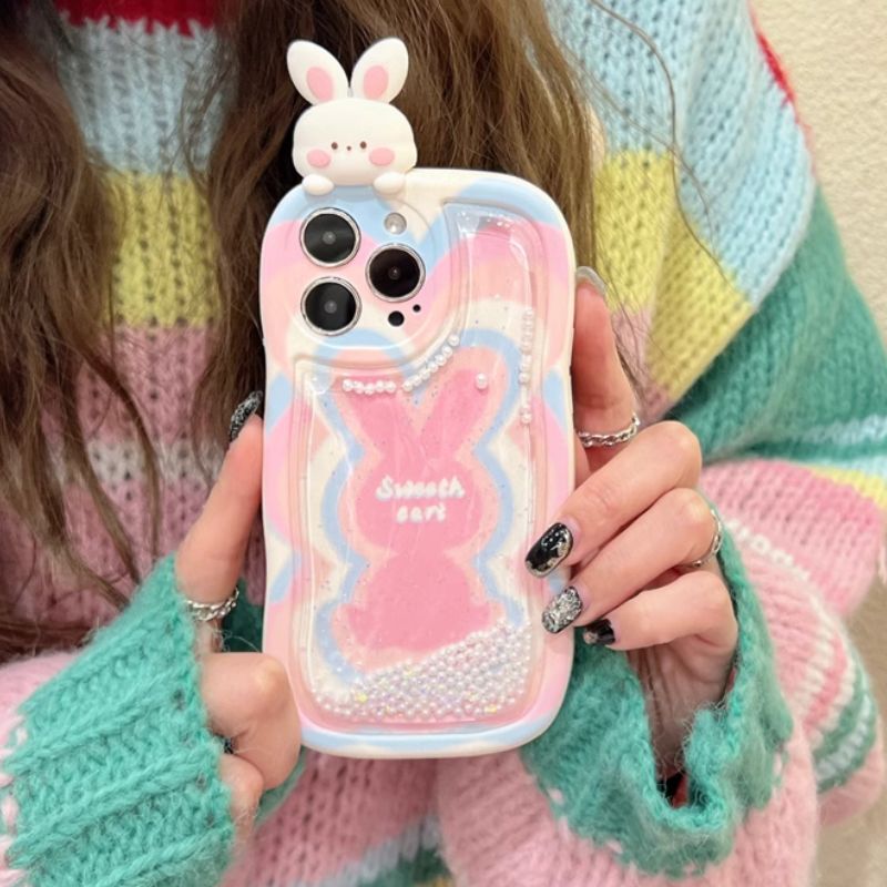 Cute Bunny Moving Pearls Glitter Cover (with Lanyard) – phone accessory by JustAndBest India