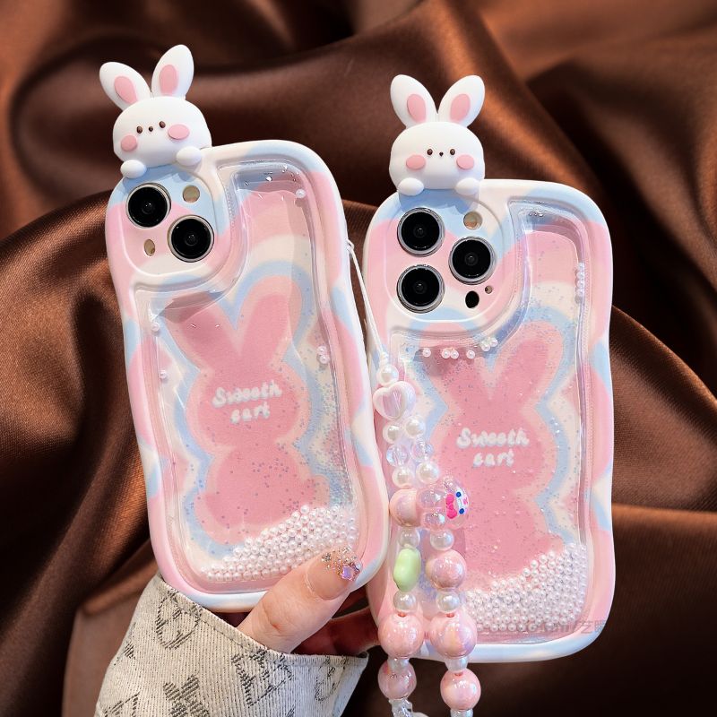 Cute Bunny Moving Pearls Glitter Cover (with Lanyard) – phone accessory by JustAndBest India