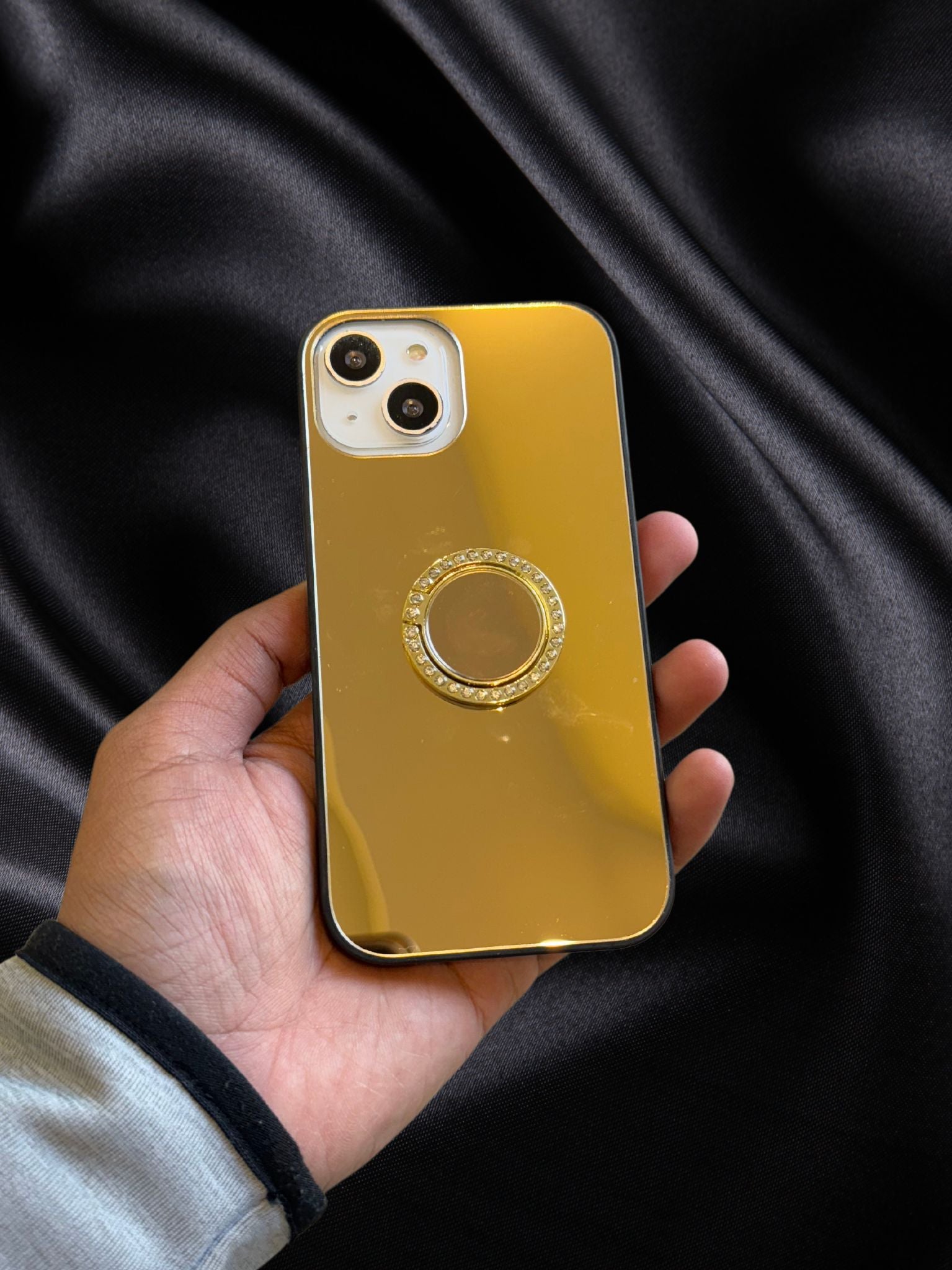 iPhone 15 Series Gold Mirror Rhinestones Ring Holder Cover