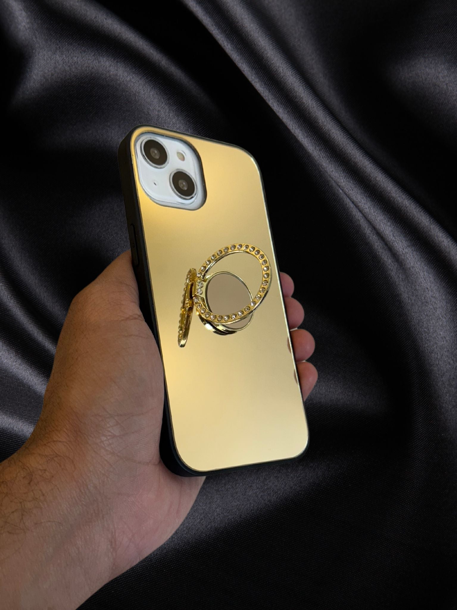 iPhone 15 Series Gold Mirror Rhinestones Ring Holder Cover - lifestyle