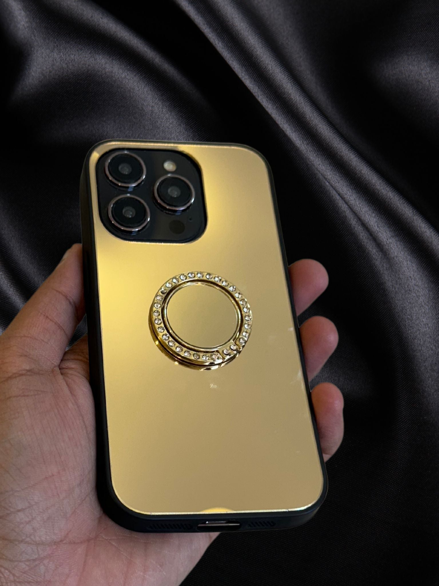 iPhone 15 Series Gold Mirror Rhinestones Ring Holder Cover - colour options