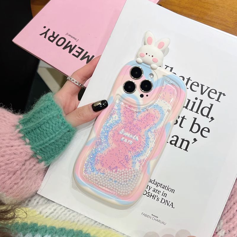 Cute Bunny Moving Pearls Glitter Cover (with Lanyard) – phone accessory by JustAndBest India