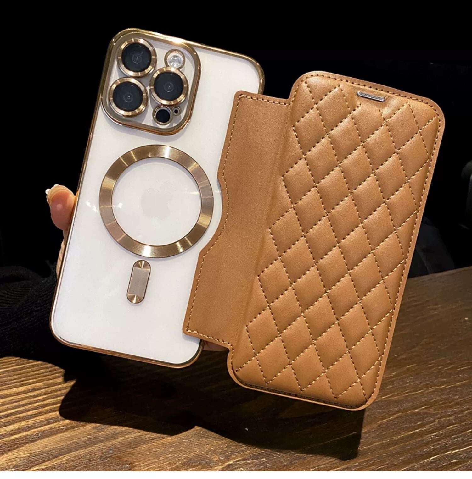 iPhone 17 Series Gold Electroplated Leather Flip Cover - case features