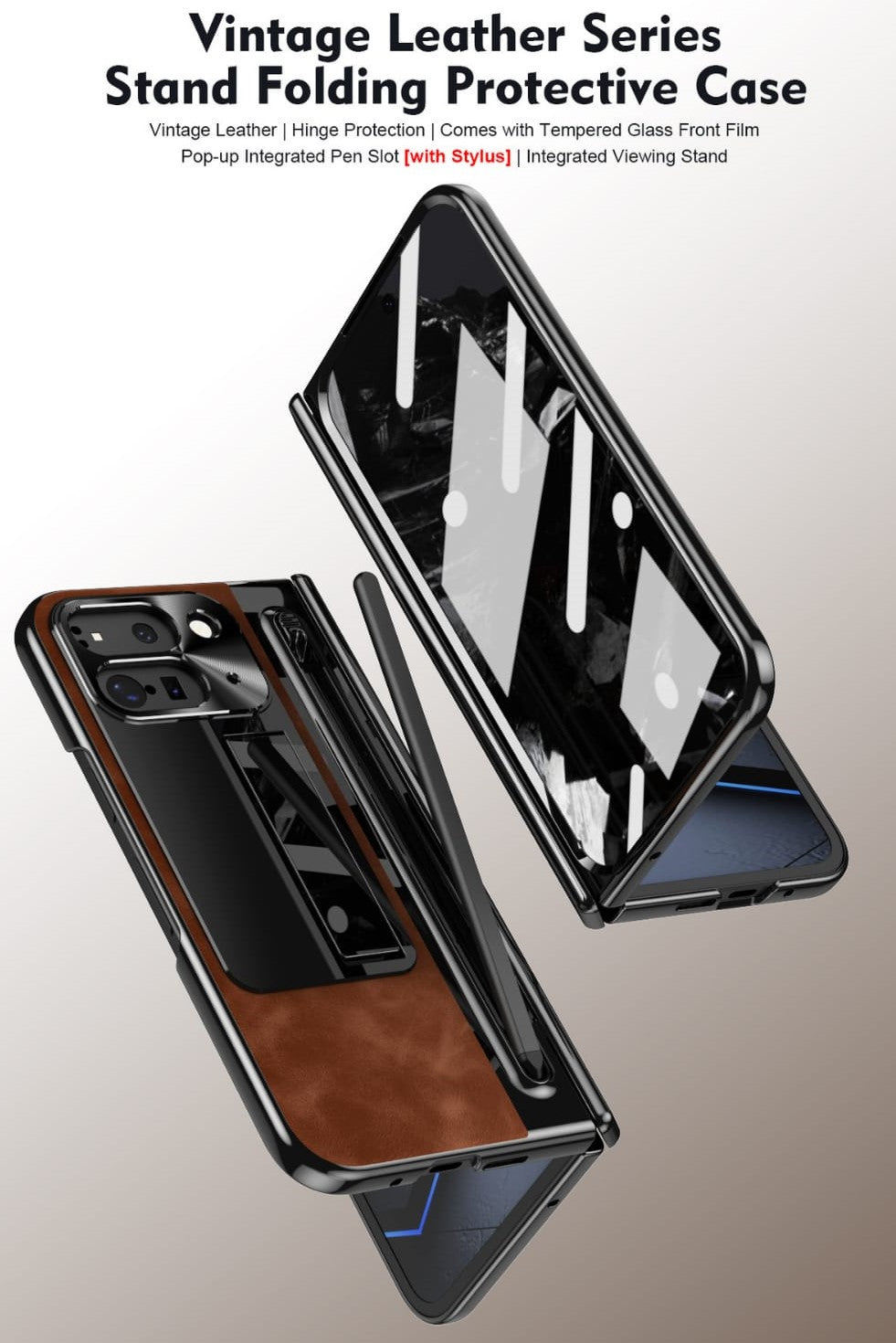 Google Pixel 10 Pro Fold Saddle Brown Leather Cover (with Stylus and F - protective case detail